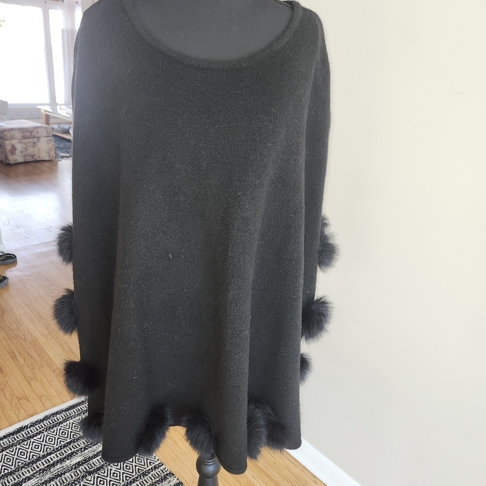 Chico's Black Cashmere blend Poncho with Pom-Pom Details